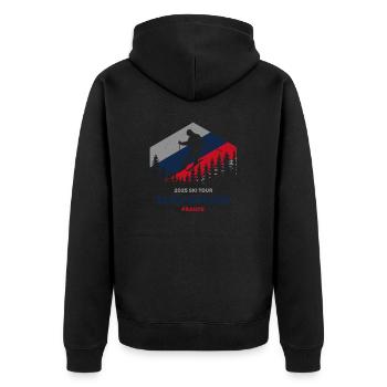 Alpe D'Huez, Frankreich 2025 Gruppen-Skireisebekleidung - Unisex Premium Bio Zip Hoodie - Schwarz - Hinten - Nico (187cm)