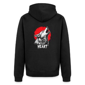 Wolf Design Backprint – Rot und Weiß Kunstmotiv - Unisex Premium Bio Zip Hoodie - Schwarz - Hinten - Nico (187cm)