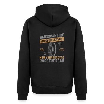 American Tire Distressed - Unisex Premium Bio Zip Hoodie - Schwarz - Hinten - Nico (187cm)