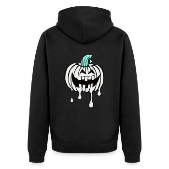 Halloweenkürbis , tropfend, Cartoon, lachend ,weiß - Unisex Premium Bio Zip Hoodie - Schwarz - Hinten - Nico (187cm)
