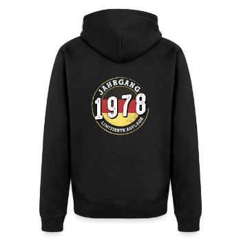 Limitierte Auflage Jahrgangs 1978 Jahrgang 1978 46 - Unisex Premium Bio Zip Hoodie - Schwarz - Hinten - Nico (187cm)