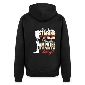 Starrst du mich an, weil ich amputiert bin? - Unisex Premium Bio Zip Hoodie - Schwarz - Hinten - Nico (187cm)