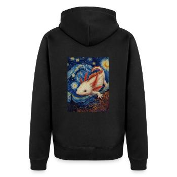 axolotl, van gogh, sternennacht - Unisex Premium Bio Zip Hoodie - Schwarz - Hinten - Nico (187cm)
