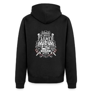 Forstwirt und Holzfäller Spruch Brennholzfarmer - Unisex Premium Bio Zip Hoodie - Schwarz - Hinten - Nico (187cm)