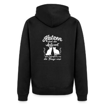 Katzen sind die Antwort - Unisex Premium Bio Zip Hoodie - Schwarz - Hinten - Nico (187cm)