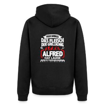 ALFRED - Grill - Unisex Premium Bio Zip Hoodie - Schwarz - Hinten - Nico (187cm)