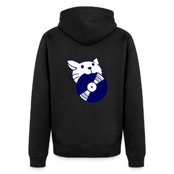 DJ Katze mit Schallplatte im Mund isst Vinyl Party - Unisex Premium Bio Zip Hoodie - Schwarz - Hinten - Nico (187cm)