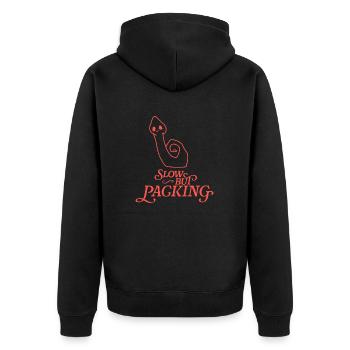 Slow but Packing - Unisex Premium Bio Zip Hoodie - Schwarz - Hinten - Nico (187cm)