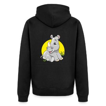 Niedliches, schüchternes Baby-Nashorn, das auf Rasen mit Kamille sitzt - Unisex Premium Bio Zip Hoodie - Schwarz - Hinten - Nico (187cm)