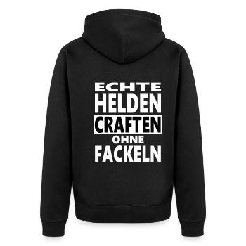 Echte Helden craften ohne Fackeln. Gaming lustig - Unisex Premium Bio Zip Hoodie - Schwarz - Hinten - Nico (187cm)