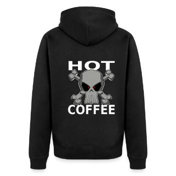 HOT COFFEE, lustige Bilder, Totenkopf Kaffee - Unisex Premium Bio Zip Hoodie - Schwarz - Hinten - Nico (187cm)