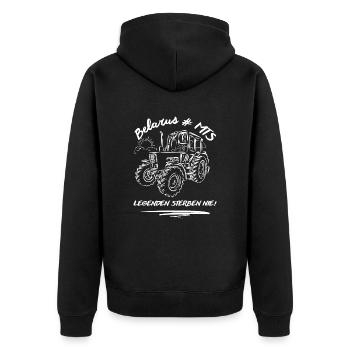 Belarus # MTS / DDR Landmaschinen - Unisex Premium Bio Zip Hoodie - Schwarz - Hinten - Nico (187cm)