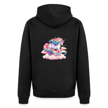 Bunter Einhorn mit Regenbogen und rosa Wolke - Unisex Premium Bio Zip Hoodie - Schwarz - Hinten - Nico (187cm)