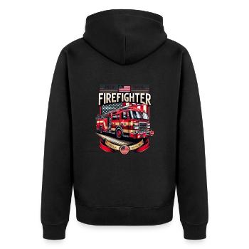 Feuerwehr mit Feuerwehrauto und Feuerwehrmann - Unisex Premium Bio Zip Hoodie - Schwarz - Hinten - Nico (187cm)