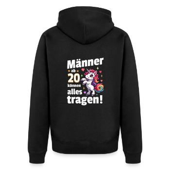 Mann 20. Geburtstag. Lustiger Spruch Geschenkidee - Unisex Premium Bio Zip Hoodie - Schwarz - Hinten - Nico (187cm)