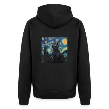 schwarze katze, katze, tier, van gogh, sternenacht - Unisex Premium Bio Zip Hoodie - Schwarz - Hinten - Nico (187cm)