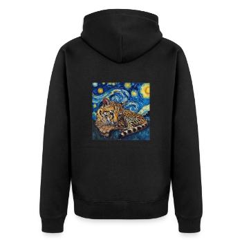 Ozelot, luchs, van gogh, sternennacht - Unisex Premium Bio Zip Hoodie - Schwarz - Hinten - Nico (187cm)