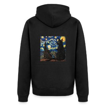 schwarze katze, katze, tier, van gogh, sternenacht - Unisex Premium Bio Zip Hoodie - Schwarz - Hinten - Nico (187cm)
