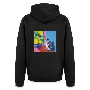 Katze, katzenmotiv, popart, geschenk, geschenkidee - Unisex Premium Bio Zip Hoodie - Schwarz - Hinten - Nico (187cm)