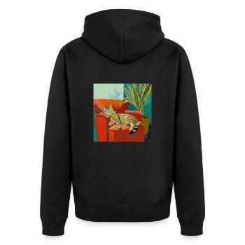 Katze, katzenmotiv, popart, geschenk, geschenkidee - Unisex Premium Bio Zip Hoodie - Schwarz - Hinten - Nico (187cm)