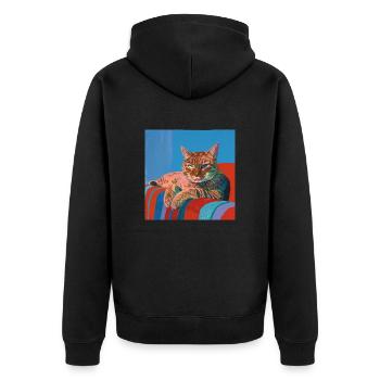 Katze, katzenmotiv, popart, geschenk, geschenkidee - Unisex Premium Bio Zip Hoodie - Schwarz - Hinten - Nico (187cm)