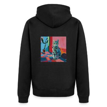 Katze, katzenmotiv, popart, geschenk, geschenkidee - Unisex Premium Bio Zip Hoodie - Schwarz - Hinten - Nico (187cm)