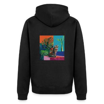 Katze, katzenmotiv, popart, geschenk, geschenkidee - Unisex Premium Bio Zip Hoodie - Schwarz - Hinten - Nico (187cm)
