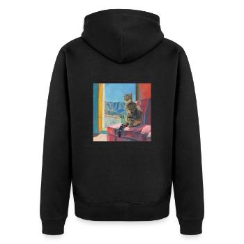 Katze, katzenmotiv, popart, geschenk, geschenkidee - Unisex Premium Bio Zip Hoodie - Schwarz - Hinten - Nico (187cm)