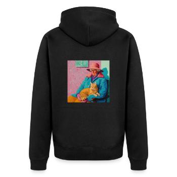 Katze, katzenmotiv, popart, geschenk, geschenkidee - Unisex Premium Bio Zip Hoodie - Schwarz - Hinten - Nico (187cm)