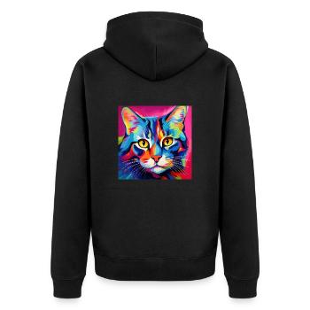 Katze, katzenmotiv, popart, geschenk, geschenkidee - Unisex Premium Bio Zip Hoodie - Schwarz - Hinten - Nico (187cm)