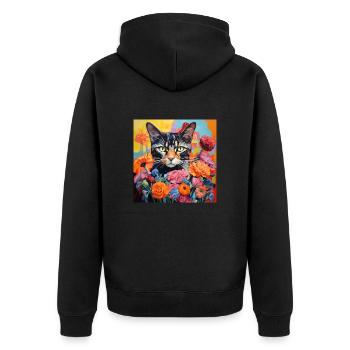 Katze, katzenmotiv, blumen, geschenk, geschenkidee - Unisex Premium Bio Zip Hoodie - Schwarz - Hinten - Nico (187cm)