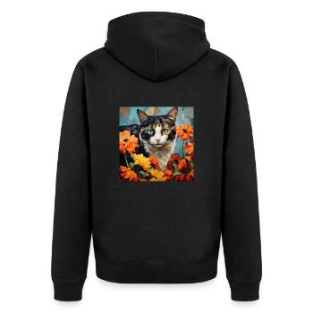Katze, katzenmotiv, blumen, geschenk, geschenkidee - Unisex Premium Bio Zip Hoodie - Schwarz - Hinten - Nico (187cm)