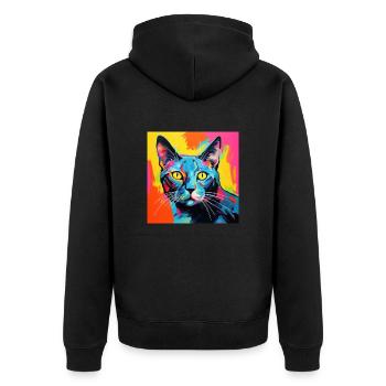 Katze, katzenmotiv, popart, geschenk, geschenkidee - Unisex Premium Bio Zip Hoodie - Schwarz - Hinten - Nico (187cm)