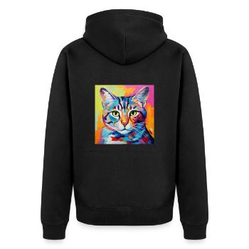 Katze, katzenmotiv, popart, geschenk, geschenkidee - Unisex Premium Bio Zip Hoodie - Schwarz - Hinten - Nico (187cm)
