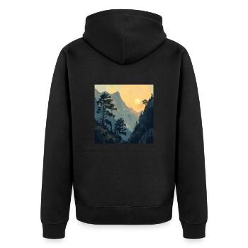Berge, Landschaft, Natur, Bäume, Sonne - Unisex Premium Bio Zip Hoodie - Schwarz - Hinten - Nico (187cm)