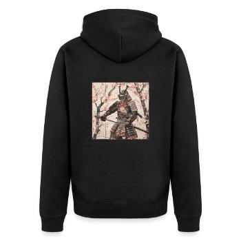 Japanisch, Samurai, Kirschblüte, Kunst, Ukiyo-E - Unisex Premium Bio Zip Hoodie - Schwarz - Hinten - Nico (187cm)