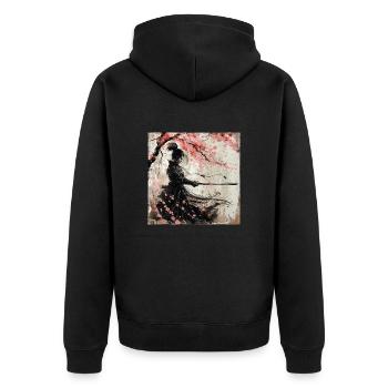 Japanisch, Samurai, Kirschblüte, Kunst, Ukiyo-E - Unisex Premium Bio Zip Hoodie - Schwarz - Hinten - Nico (187cm)