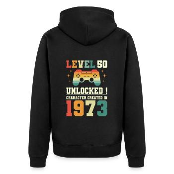 Level 50 Anniversary Gamer 50 Jahre - Unisex Premium Bio Zip Hoodie - Schwarz - Hinten - Nico (187cm)