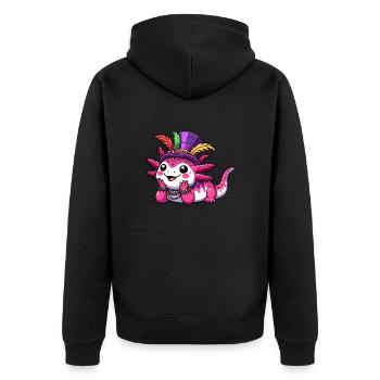 Mardi Gras Axolotl: Karnevals-Freude - Unisex Premium Bio Zip Hoodie - Schwarz - Hinten - Nico (187cm)
