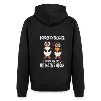 Papageientaucher Geben Mir Das Ultimative Glück - Unisex Premium Bio Zip Hoodie - Schwarz - Hinten - Nico (187cm)