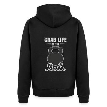 Kettlebell Hanteln Workout Grab Life By The Bells - Unisex Premium Bio Zip Hoodie - Schwarz - Hinten - Nico (187cm)