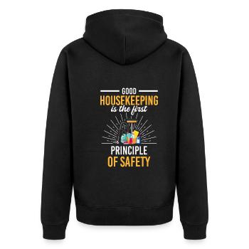 Housekeeping First Principle Of Safety Putzkraft - Unisex Premium Bio Zip Hoodie - Schwarz - Hinten - Nico (187cm)
