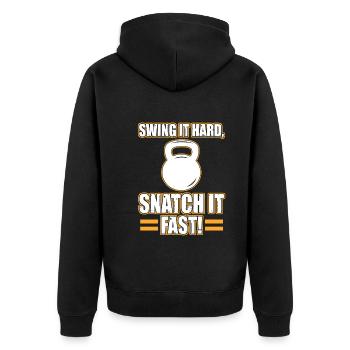 Swing It Hard Snatch It Fast Kettlebell Dumbbells - Unisex Premium Organic Zip Hoodie - black - Back - Nico (187cm)
