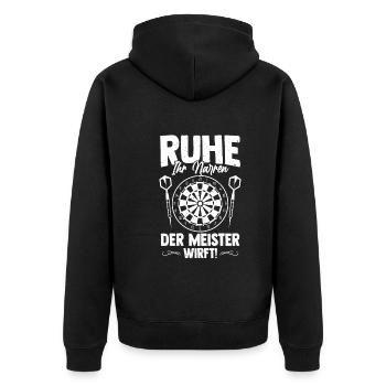 Ruhe Narren Meister Wirft Cooler Darts Spruch - Unisex Premium Bio Zip Hoodie - Schwarz - Hinten - Nico (187cm)