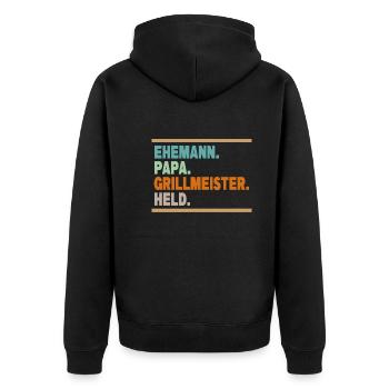 Ehemann Papa Grillmeister Held - Unisex Premium Bio Zip Hoodie - Schwarz - Hinten - Nico (187cm)
