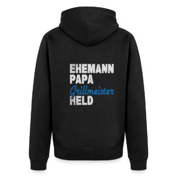 Ehemann Papa Grillmeister Held - Unisex Premium Bio Zip Hoodie - Schwarz - Hinten - Nico (187cm)