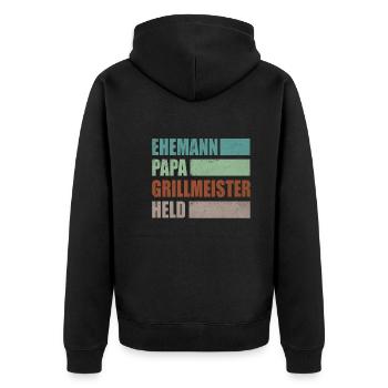 Ehemann Papa Grillmeister Held Vatertag - Unisex Premium Bio Zip Hoodie - Schwarz - Hinten - Nico (187cm)