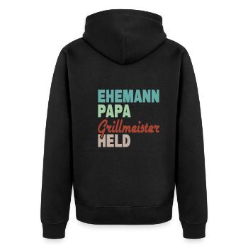 Ehemann Papa Grillmeister Held - Unisex Premium Bio Zip Hoodie - Schwarz - Hinten - Nico (187cm)