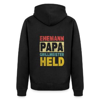 Ehemann Papa Grillmeister Held - Unisex Premium Bio Zip Hoodie - Schwarz - Hinten - Nico (187cm)