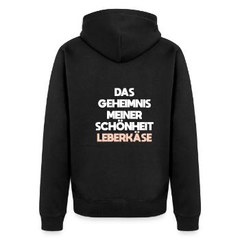 Geheimnis Schönheit Leberkäse Fleischkäsweckle - Unisex Premium Bio Zip Hoodie - Schwarz - Hinten - Nico (187cm)